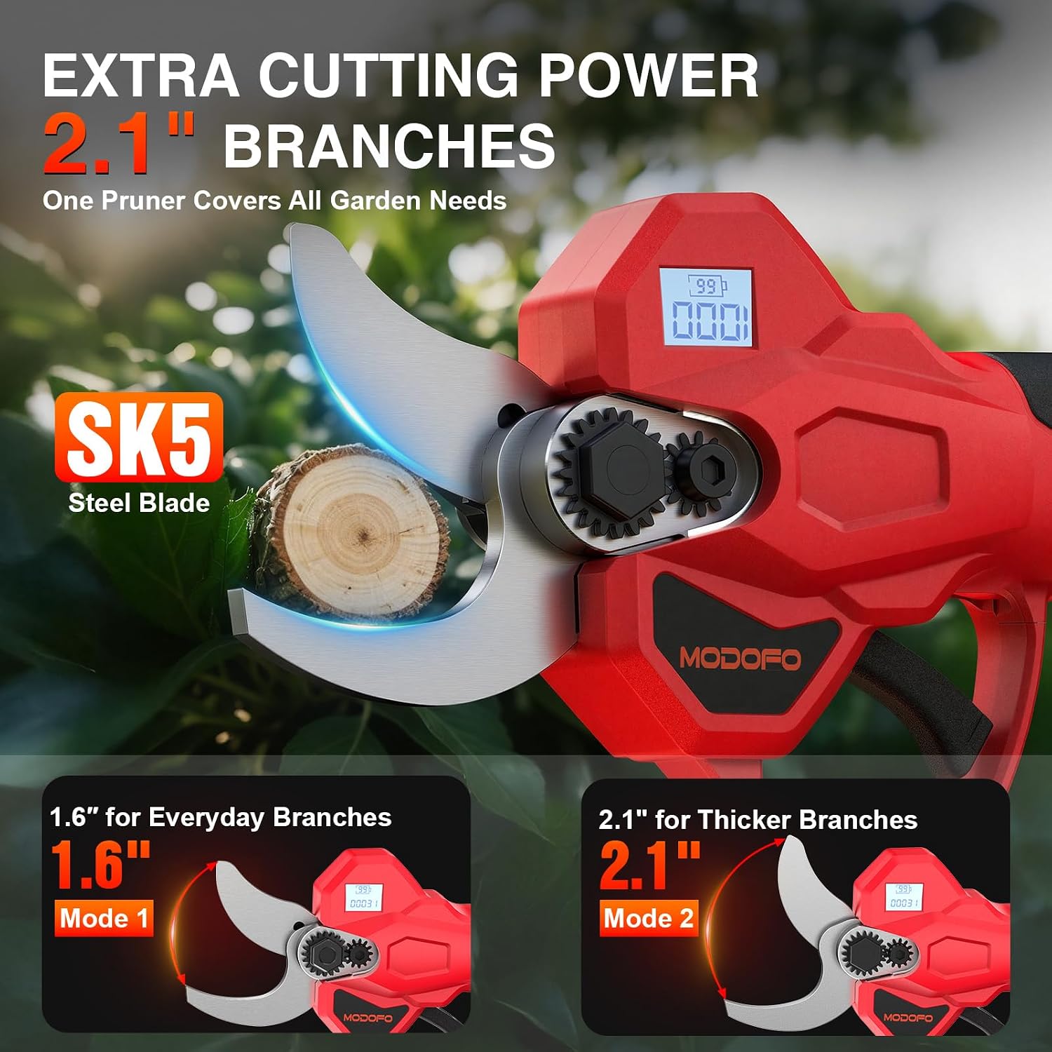 Detalle 2 de MODOFO MODOFO Electric Pruning Shears, 2.1-inch Cutting Width, LCD Display