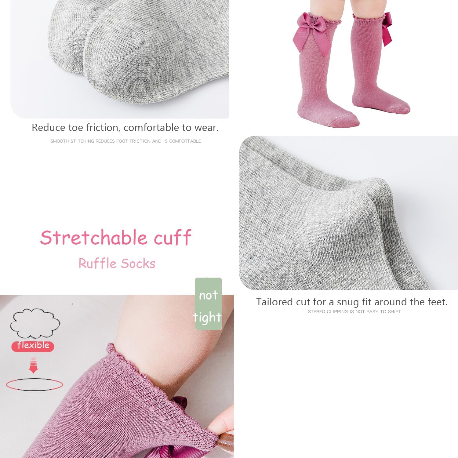 Detalle de Marchare Baby Girls Knee High Socks with Bow – 6 Colours, 4 Sizes