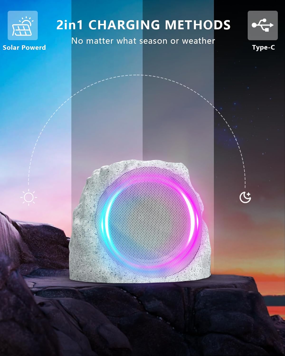Detalle de JMJEAN Outdoor Speakers Bluetooth Waterproof Rock Speakers (2 Pack) with Solar Power and RGB Light Show