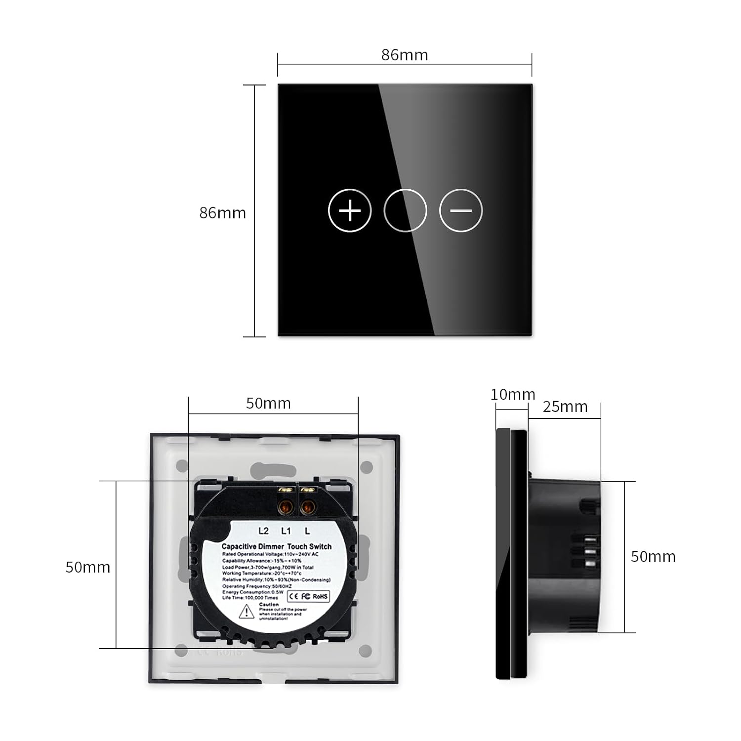 Detalle de LIAONFOY Normaler Touch Dimmschalter Unterputz (Glas-Touch, LED-Dimmer) 110–240V, 86 mm, schwarz
