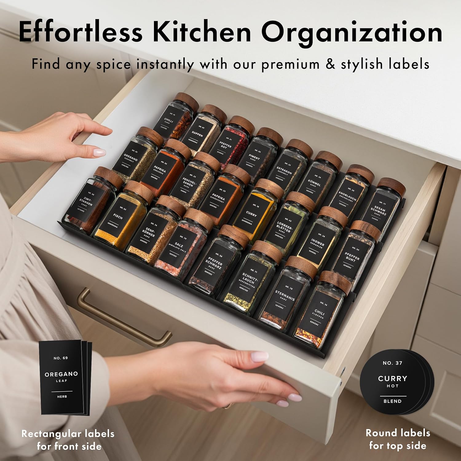 Detalle de EDELHAUS Square Spice Jars with Acacia Wooden Lid (Pack of 24) | Glass Containers with Shaker Inserts, 240 Labels, and Cleaning Brush