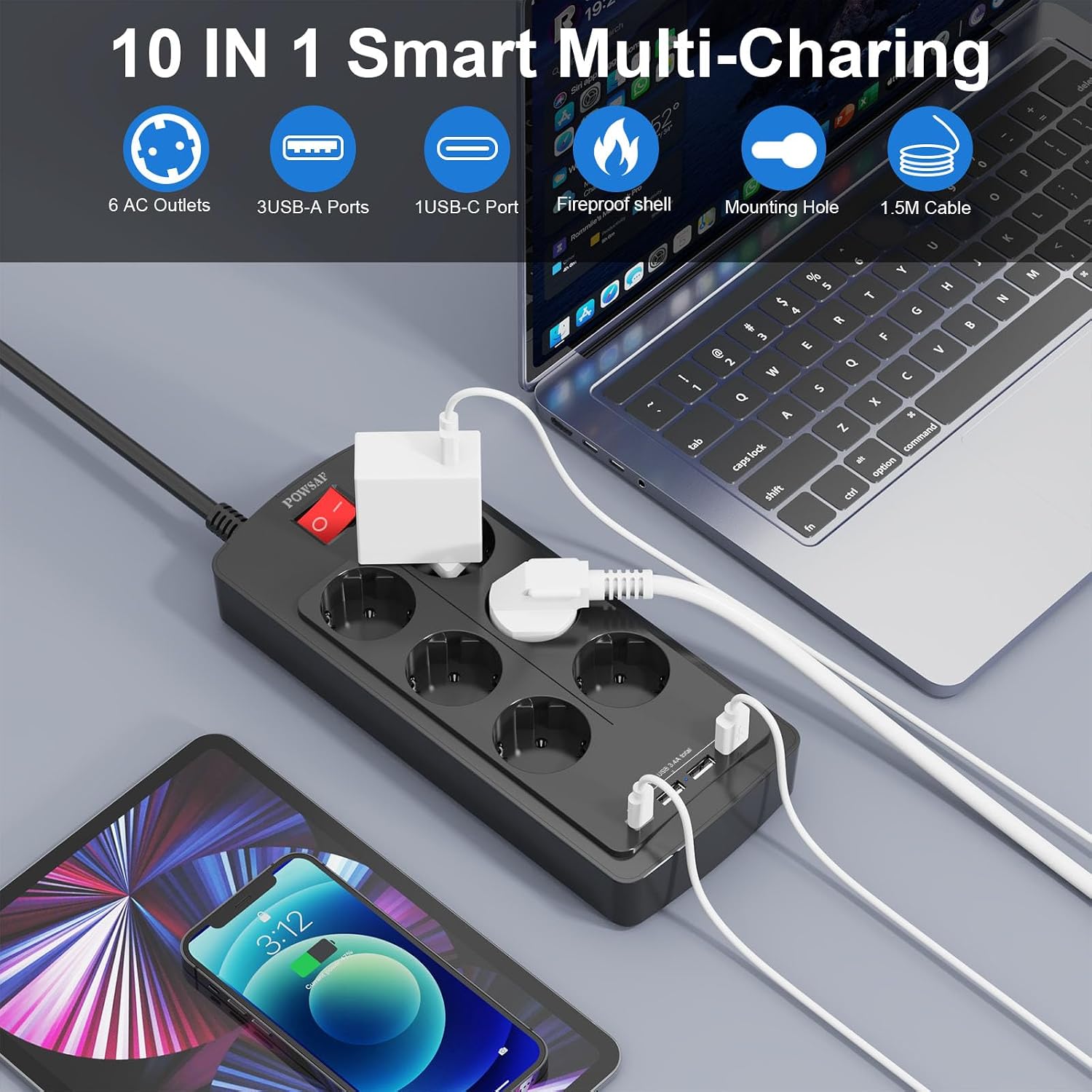 Detalle 2 de POWSAF Regleta 10‑in‑1 con USB‑C