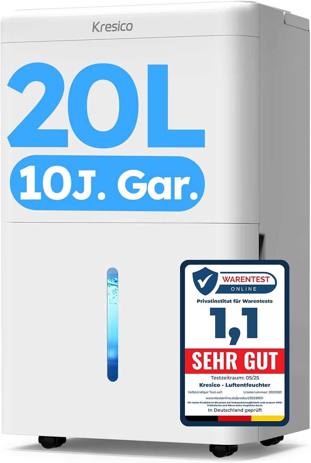 Kresico Luftentfeuchter elektrisch 20L/24h (39 dB) für ca. 150 m³/50 m², mit Ablaufschlauch & Timer, R290
