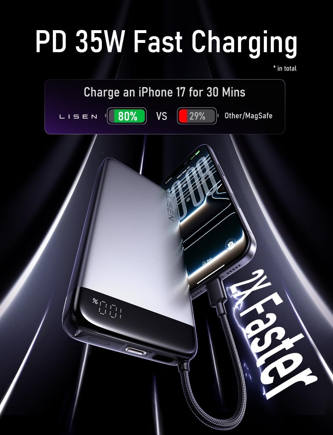 Thumbnail 3 de LISEN Power Bank Slim CCC – Batterie externe 20 000 mAh avec câble intégré et 35 W