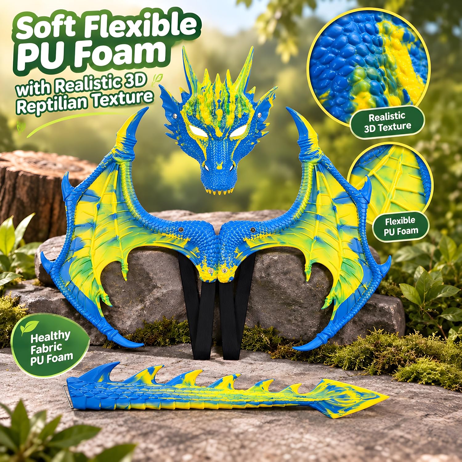 Detalle 1 de CRTEPST Dragon Costume for Kids, Canary Blue Mask, Wings and Tail