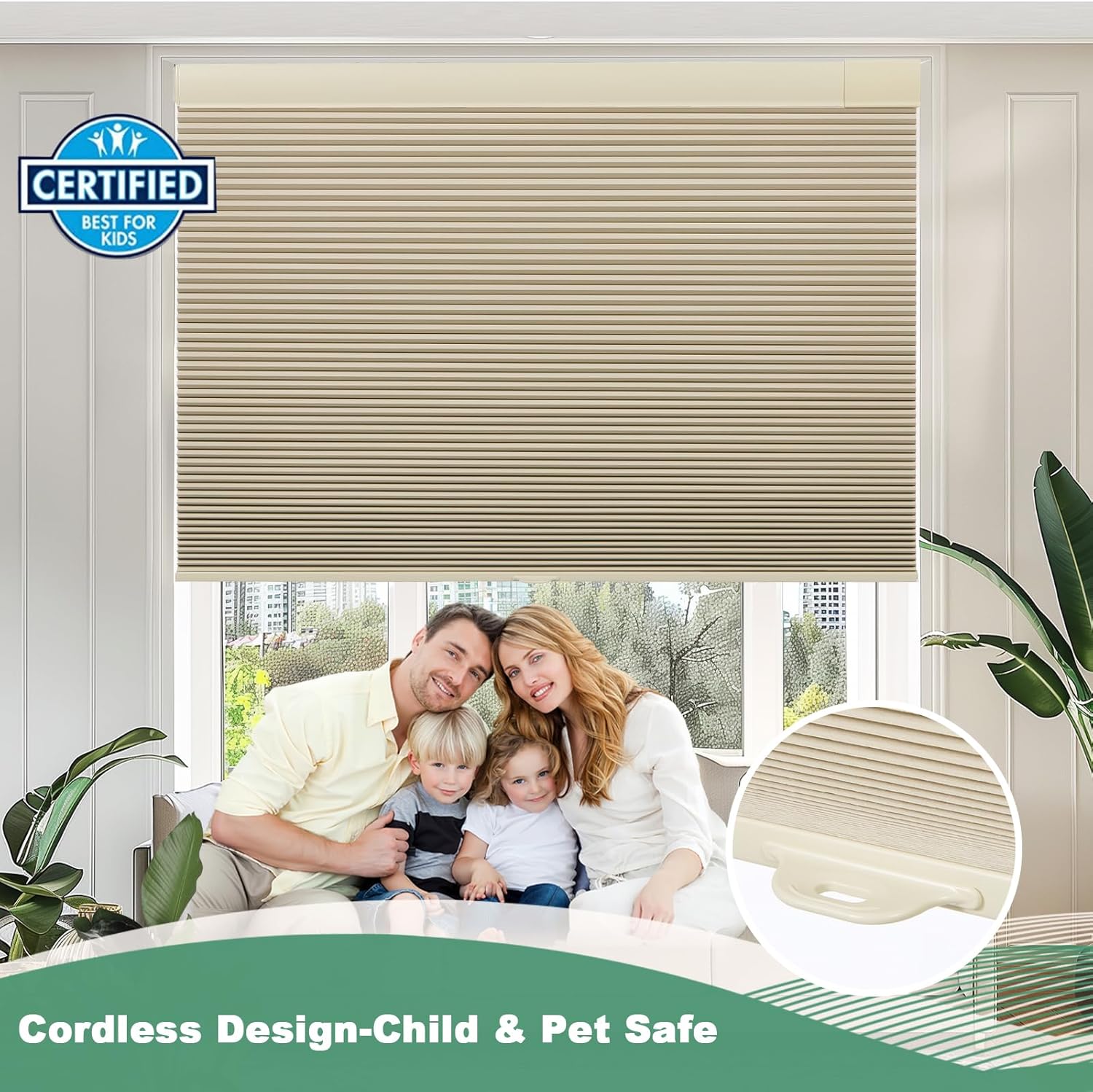 Detalle 2 de Tonature No Drill Cellular Shades: 21" W x 64" H, Beige, Free Stop Cordless Blackout Honeycomb Blinds