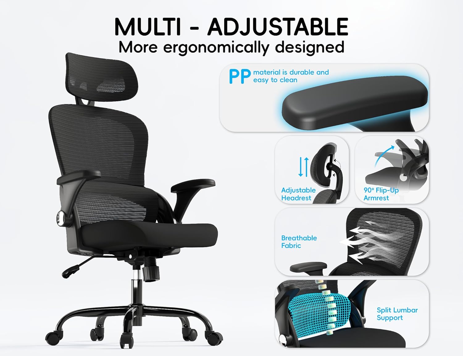 Thumbnail 2 de TRALT Office Chair Ergonomic Desk Chair with Lumbar Support, 3D Headrest & Breathable Mesh Back (Black)