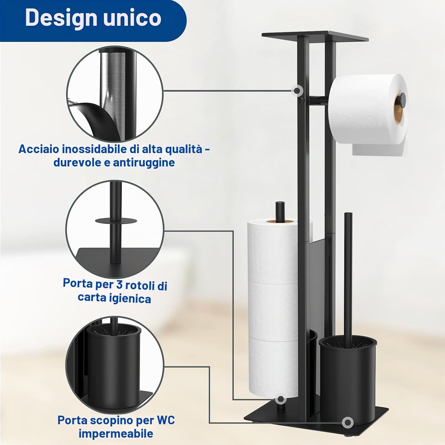 Thumbnail 2 de Susswiff Porta carta igienica in acciaio inox con ripiano, scopino e scatola salviettine umidificate – nero opaco