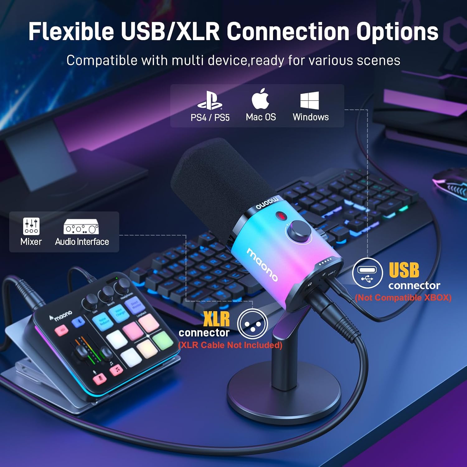 Detalle de MAONO PD100X RGB Dynamic USB/XLR Microphone with Noise Reduction and RGB