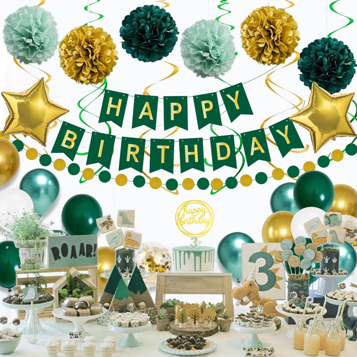 Detalle de Geburtstagsdeko Retro Grün Gold Set mit Luftballons, Happy Birthday-Banner & Papiergirlande (55-teilig)