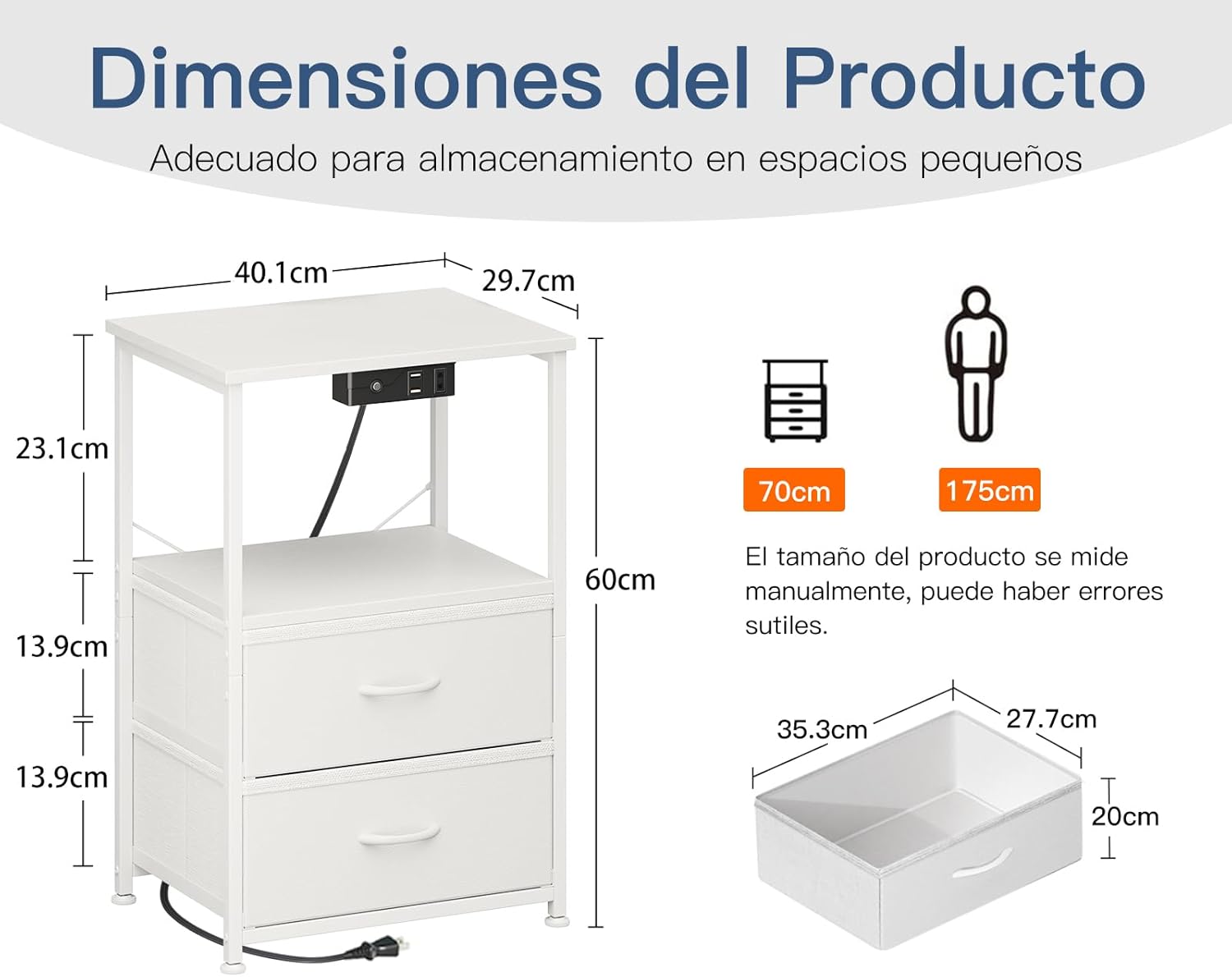 Detalle de Coleshome Mesita de Noche con LED 40x30x60 cm