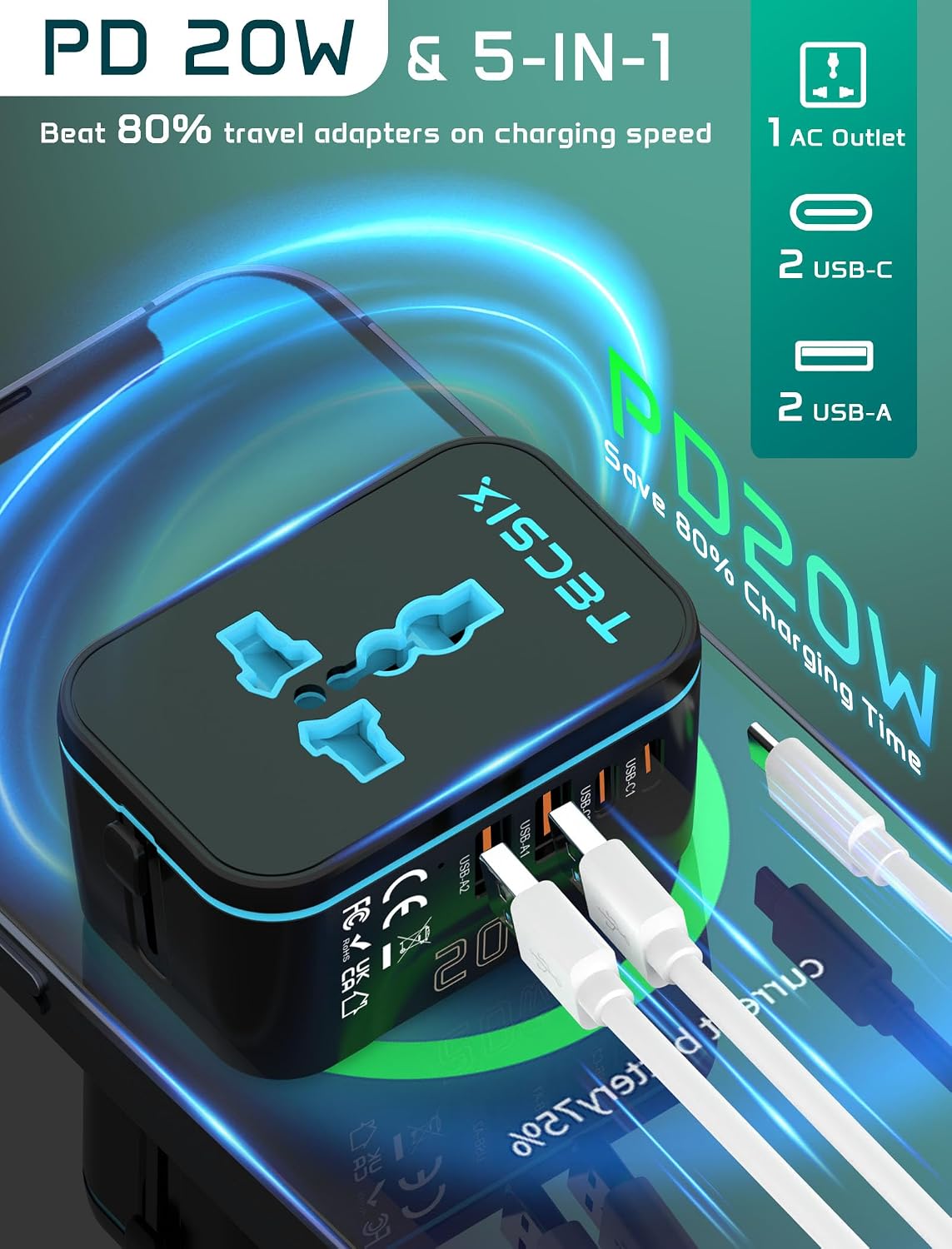 Detalle 2 de TECSIX Reiseadapter Weltweit PD20W – Universaladapter mit USB