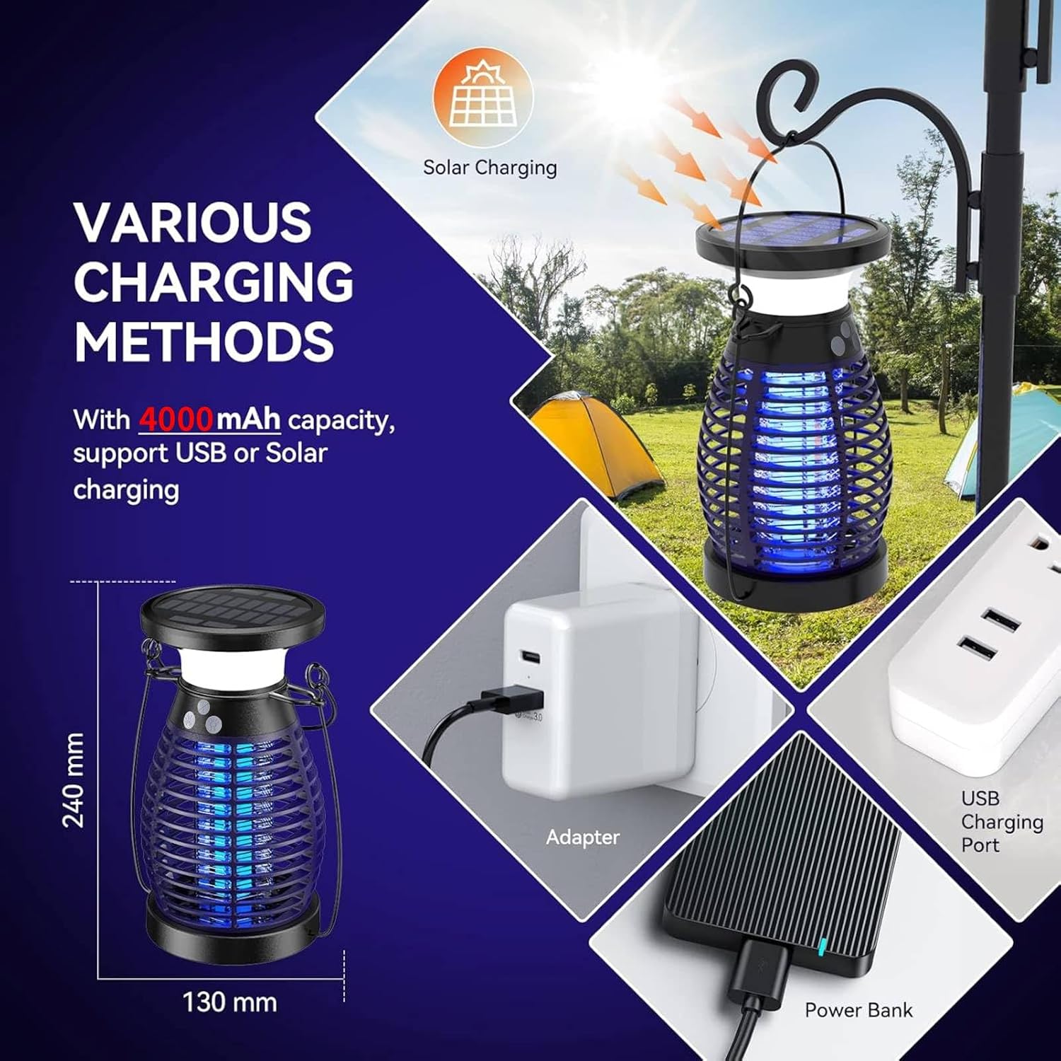 Detalle de Lampada Antizanzare Elettrica Solare 4200V – IP66, ricarica solare e USB (Viola)