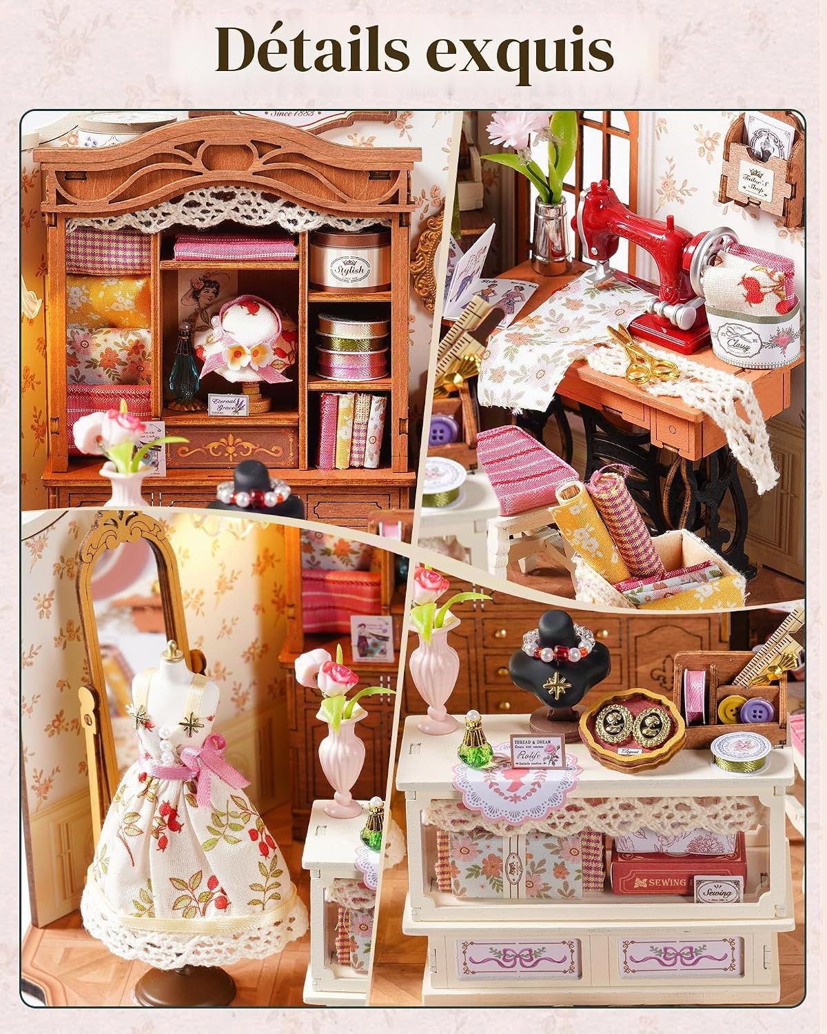 Detalle 2 de Kit miniature DIY Rolife Maison de Poupée Atelier de Couture d’Elsa (style vintage rustique) – décoration & veilleuse