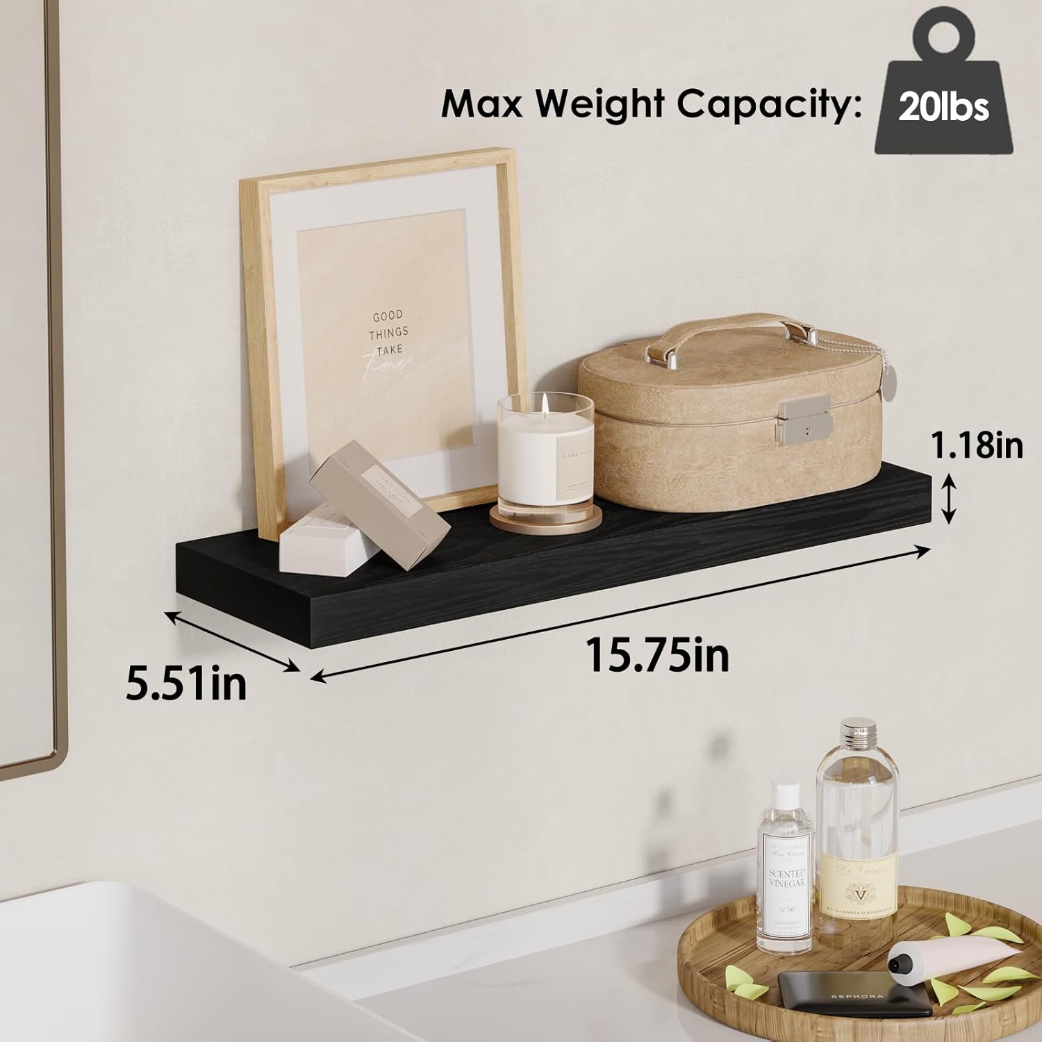 Thumbnail 2 de Fixwal Black Floating Shelves for Wall (Set of 4) — Rustic Wood Style Storage & Decor Shelves, 15.8 Inch