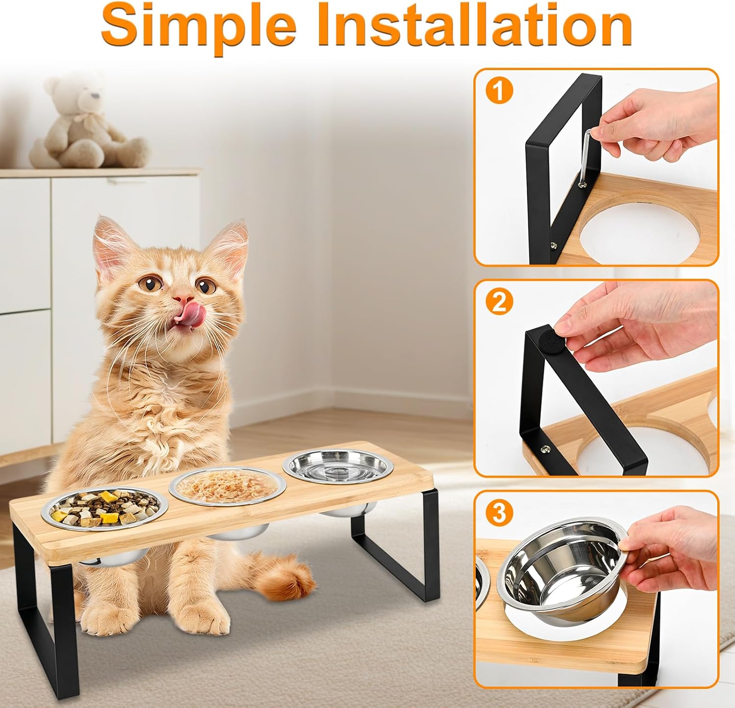 Thumbnail 5 de Raised Cat Bowl with Stand (15° Tilt) – Set of 3 Stainless Steel Bowls on Bamboo Base