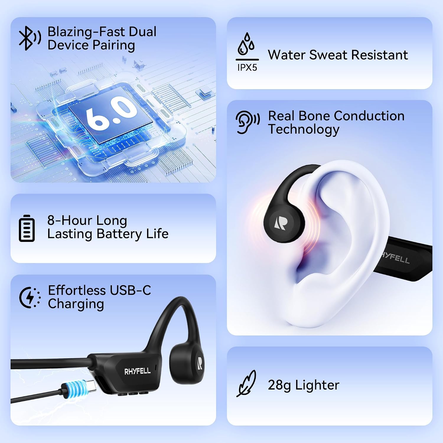 Detalle de Rhyfell Casque à conduction osseuse Bluetooth 6.0 – Écouteurs Sport Oreilles Libres, IPX5, 28 g