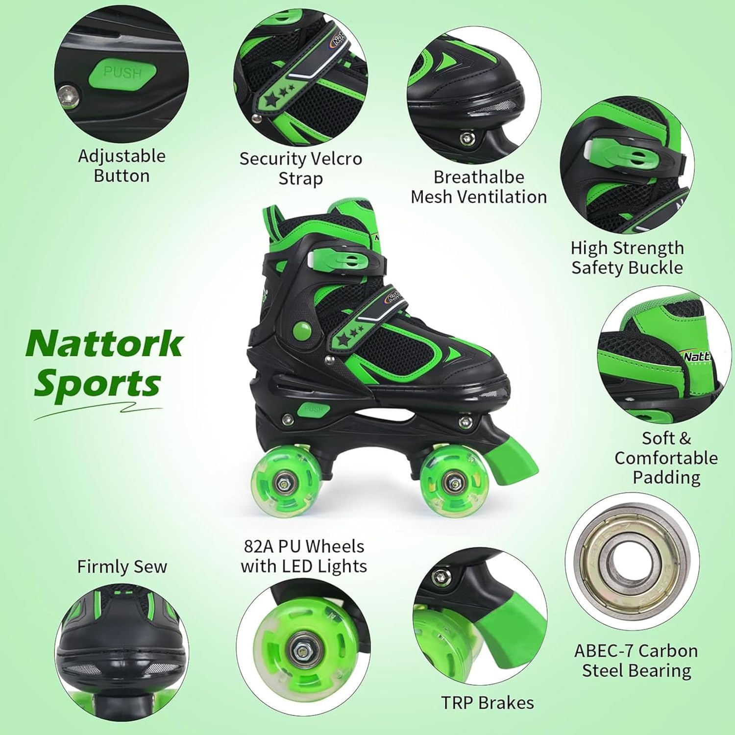 Detalle de Nattork Kids Adjustable Quad Roller Skates with Light-Up Wheels