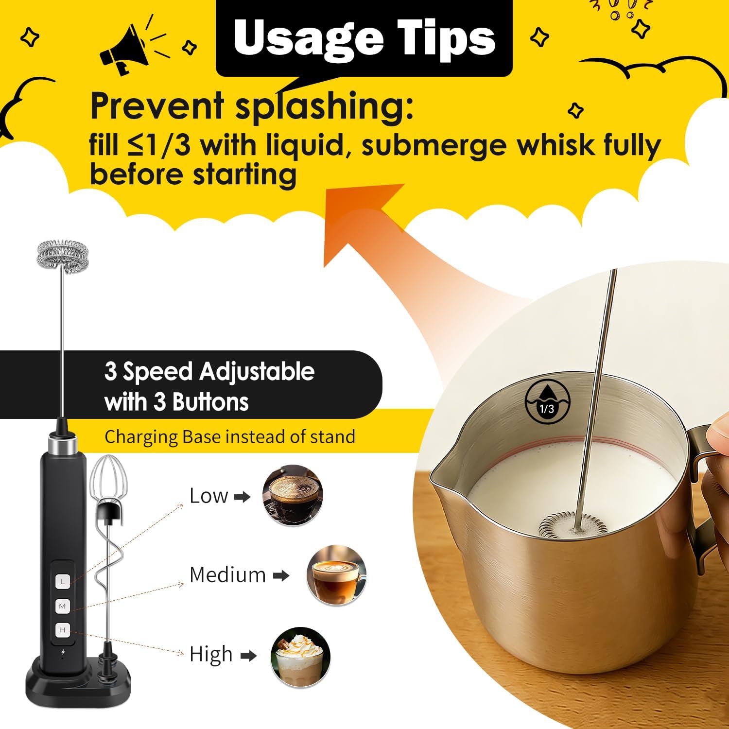Detalle de Rechargeable Milk Frother Handheld with 3 Detachable Stainless Whisks and Charging Base