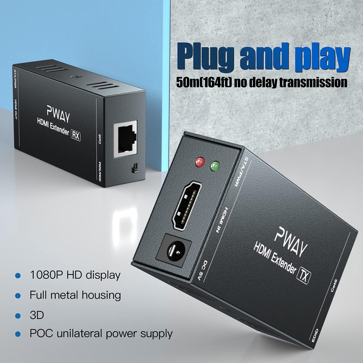 Detalle 2 de HDMI Extender 165ft Over Single Cat5e/6 Ethernet – 1080P@60Hz, No Delay, POC EDID