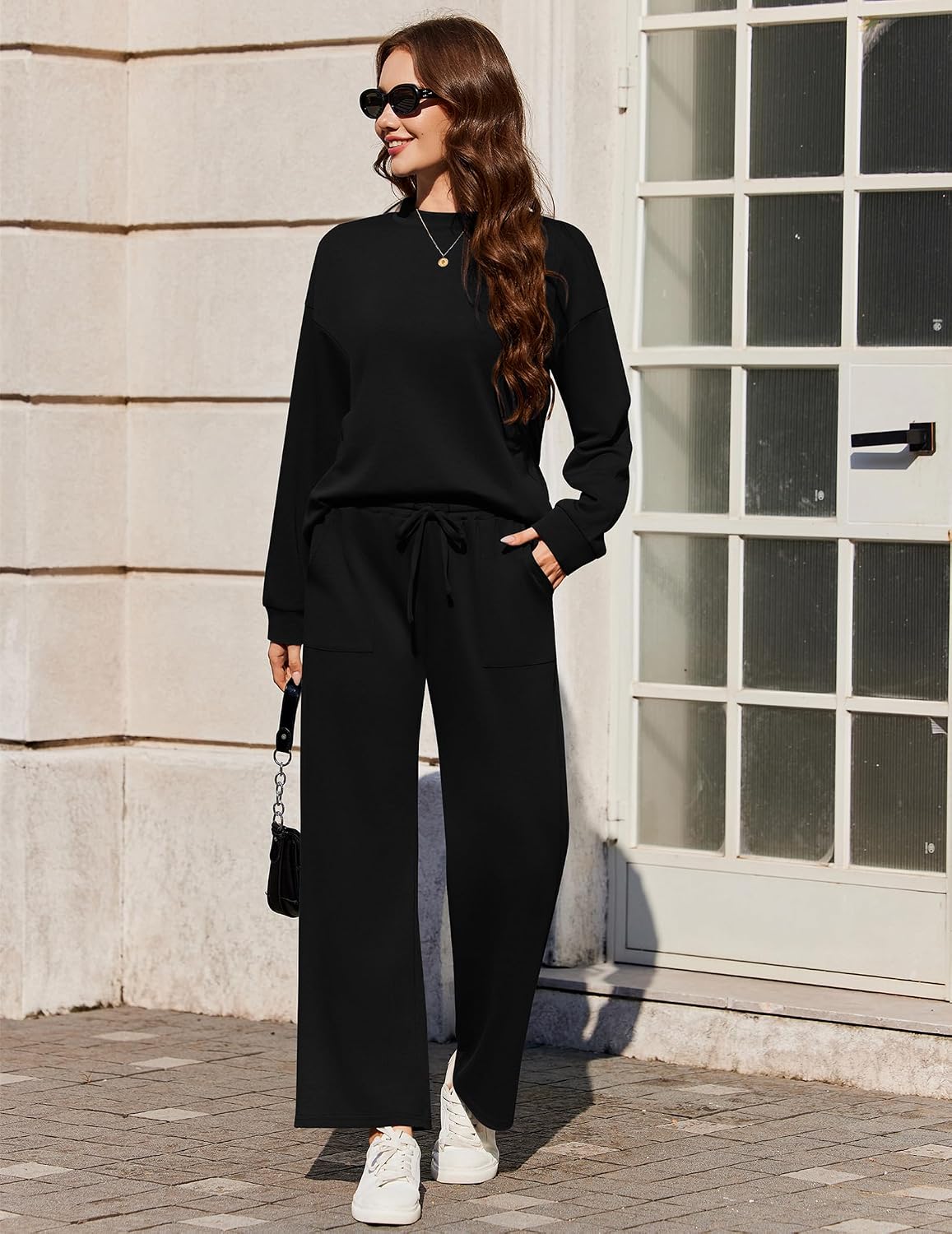 Detalle 2 de Ekouaer Women's Two-Piece Lounge Set with Mock Neck, Wide-Leg Pants and Pockets