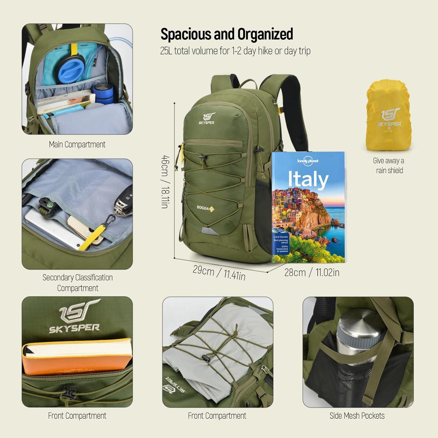 Detalle de SKYSPER 25L Hiking Backpack with Rain Cover: Durable Daypack for Outdoor Adventures