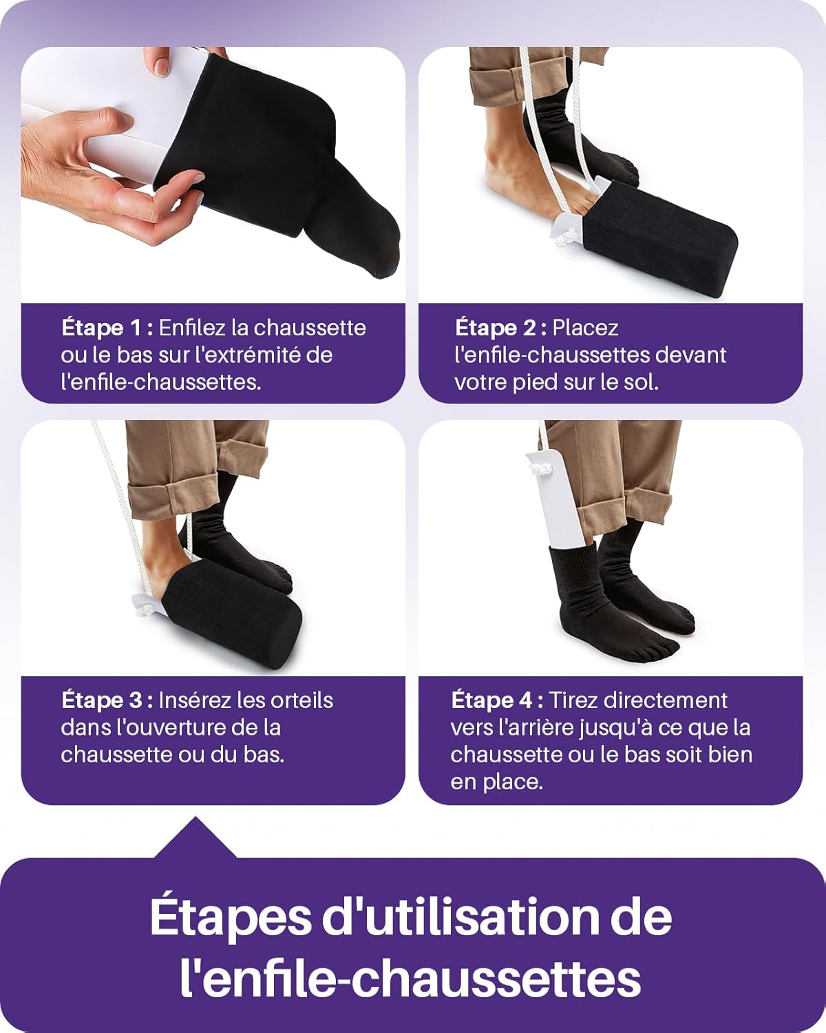Detalle de Kekoy Enfile-chaussettes avec aide à 3 doigts (Solution simplifiée) – blanc, 1 pièce