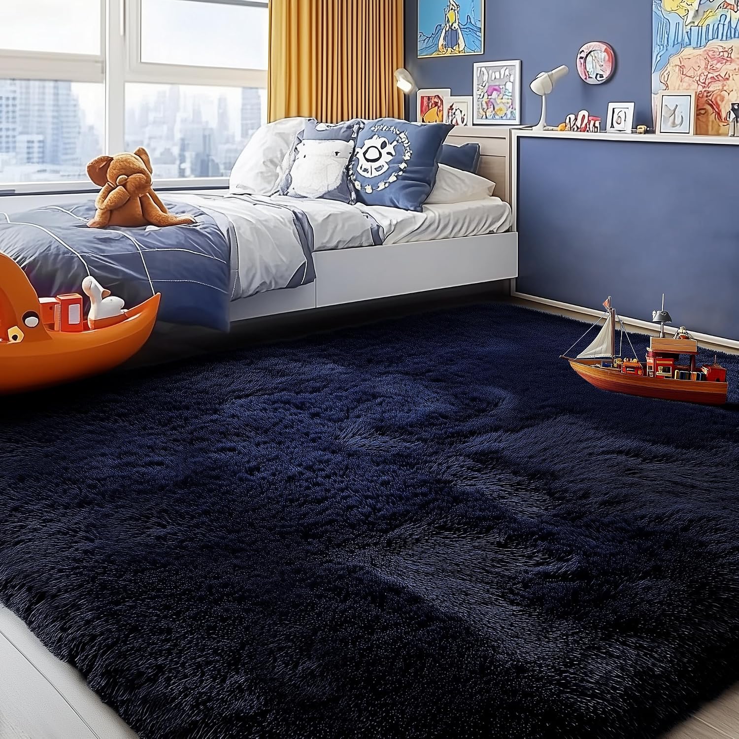 Thumbnail 4 de PAGISOFE 4' x 6' Navy Blue High-Pile Area Rug with Non-Slip TPR Backing