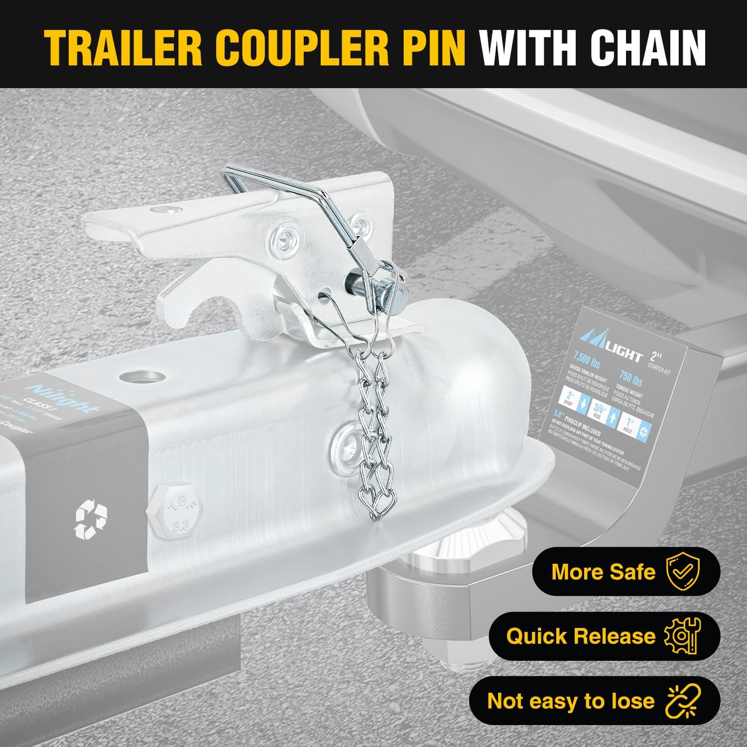 Thumbnail 3 de Nilight Straight Trailer Coupler with Safety Latch & Chain for 1-7/8 Inch Hitch Ball (2-1/2 Inch Channel, 2000 LBS)