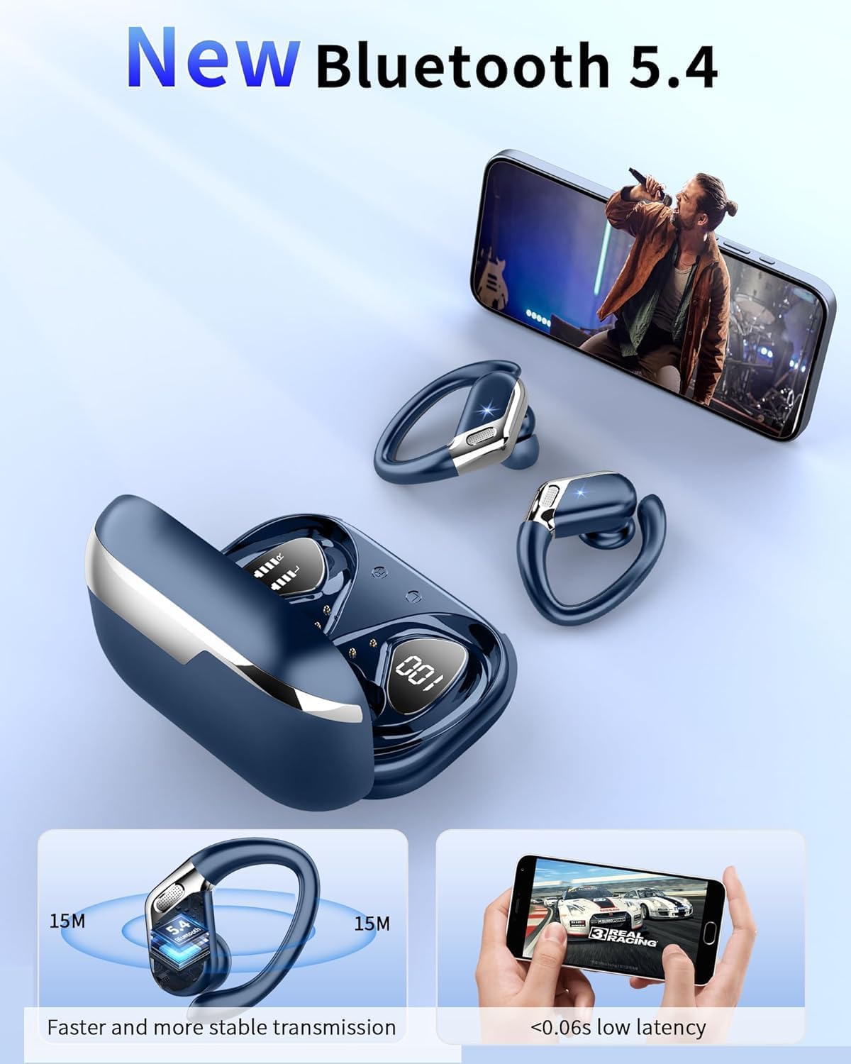 Thumbnail 1 de Wireless Bluetooth 5.4 Earbuds with Earhooks, ENC Noise Cancelling, 50H Playtime & IP7 Waterproof