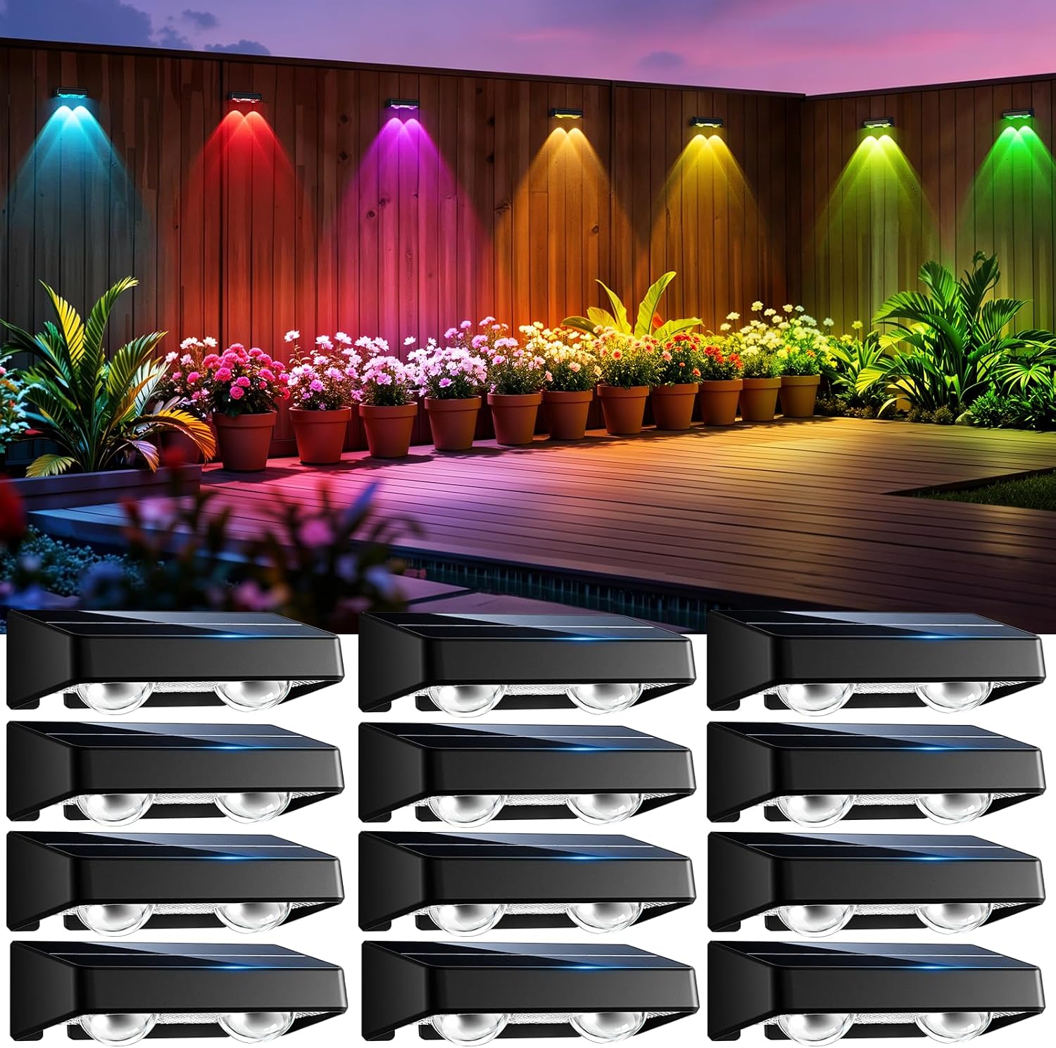 Detalle de nibuuecer Solar Fence Lights Outdoor (12 Pack) – Colour-changing IP65 wall lights with multiple modes