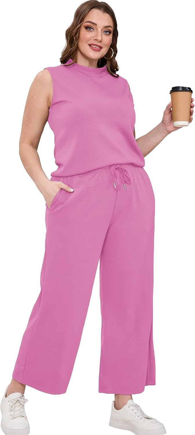 Detalle de SAMPEEL Two-Piece Women’s Summer Lounge Set with Mock Neck Top & Wide-Leg Crop Pants