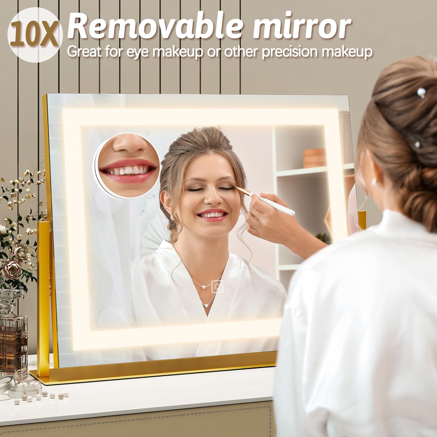 Detalle de ROLOVE Vanity Mirror with Lights (22"x18") – 10X Magnification, 3-Color Dimmable LED, 360° Rotation, USB Charging (Gold)