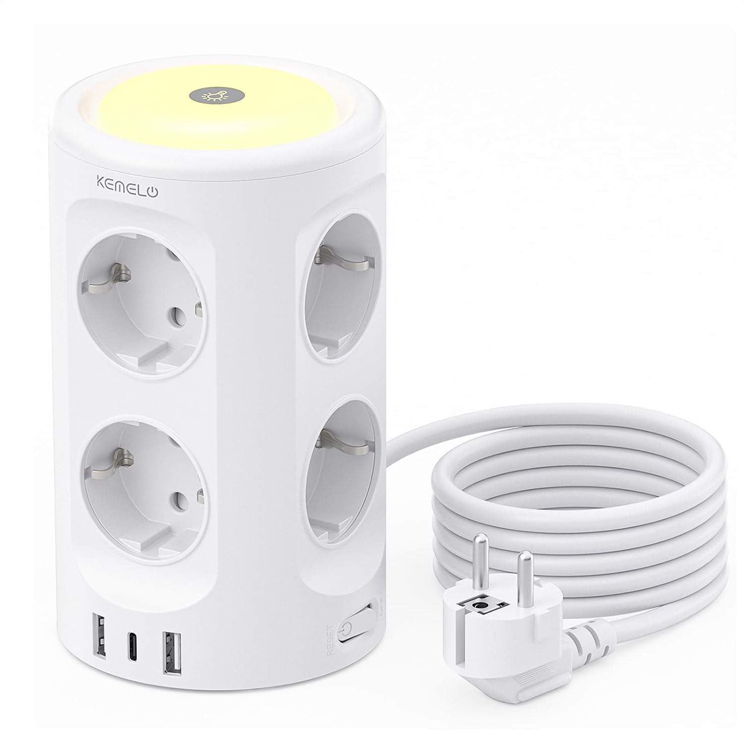 Detalle de KEMELO 8-fach Mehrfachsteckdose mit Nachtlicht und USB‑C, Überspannungsschutz, Schalter & 2‑m-Kabel (3600 W)