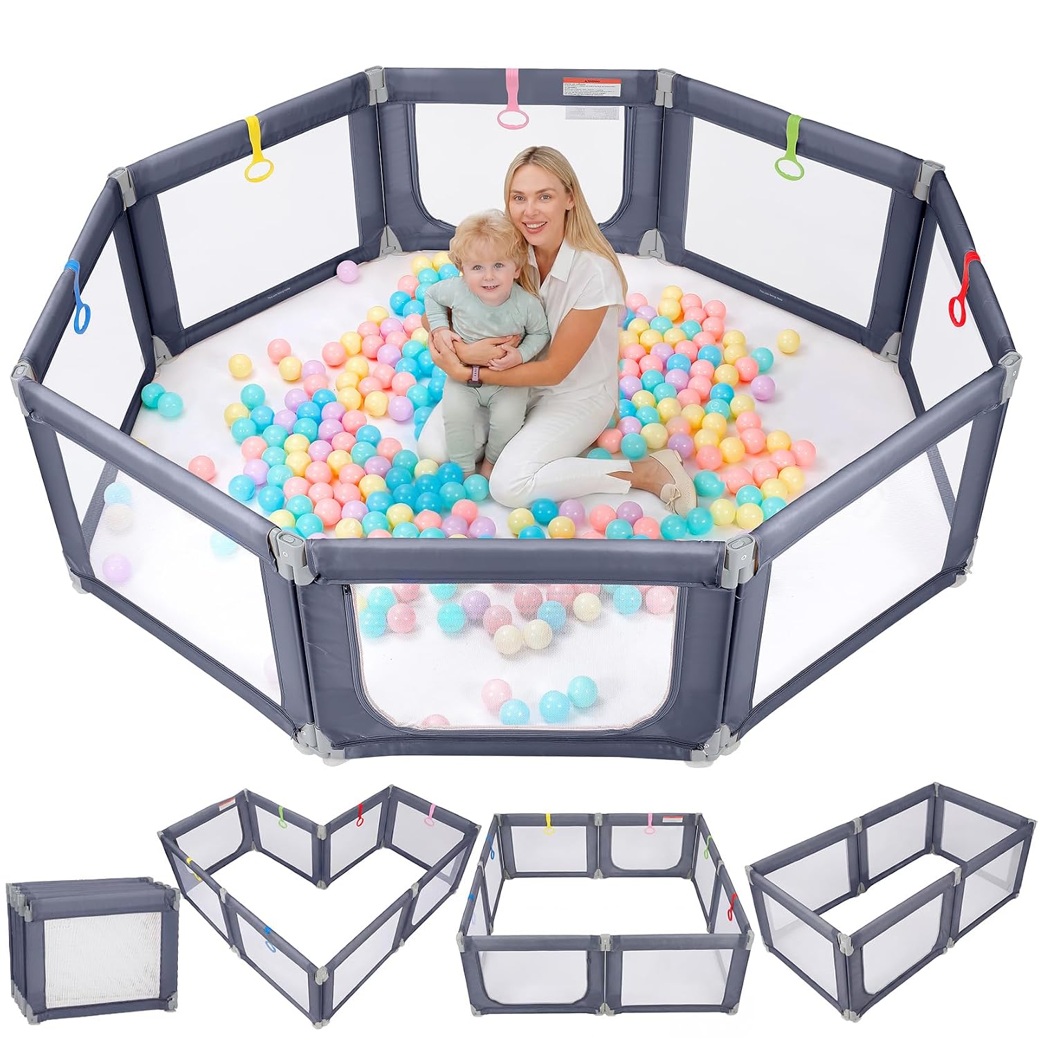 Detalle de Kidirect Foldable Baby Playpen, 71" × 69", Gray Mesh, 8 Panels