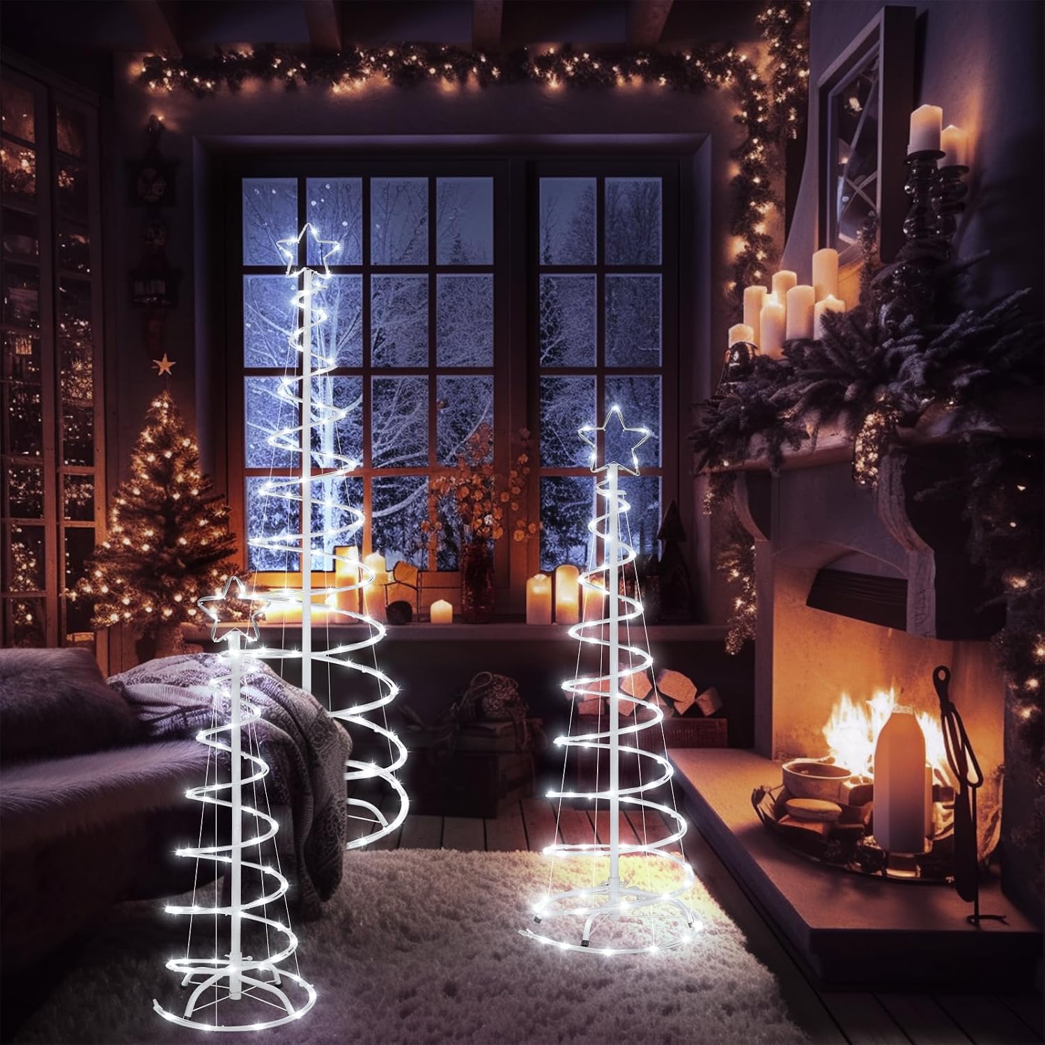 Detalle 2 de FLAGLY 778 Christmas Spiral Tree Set, 3/4/5 ft, White LEDs, 8 Modes