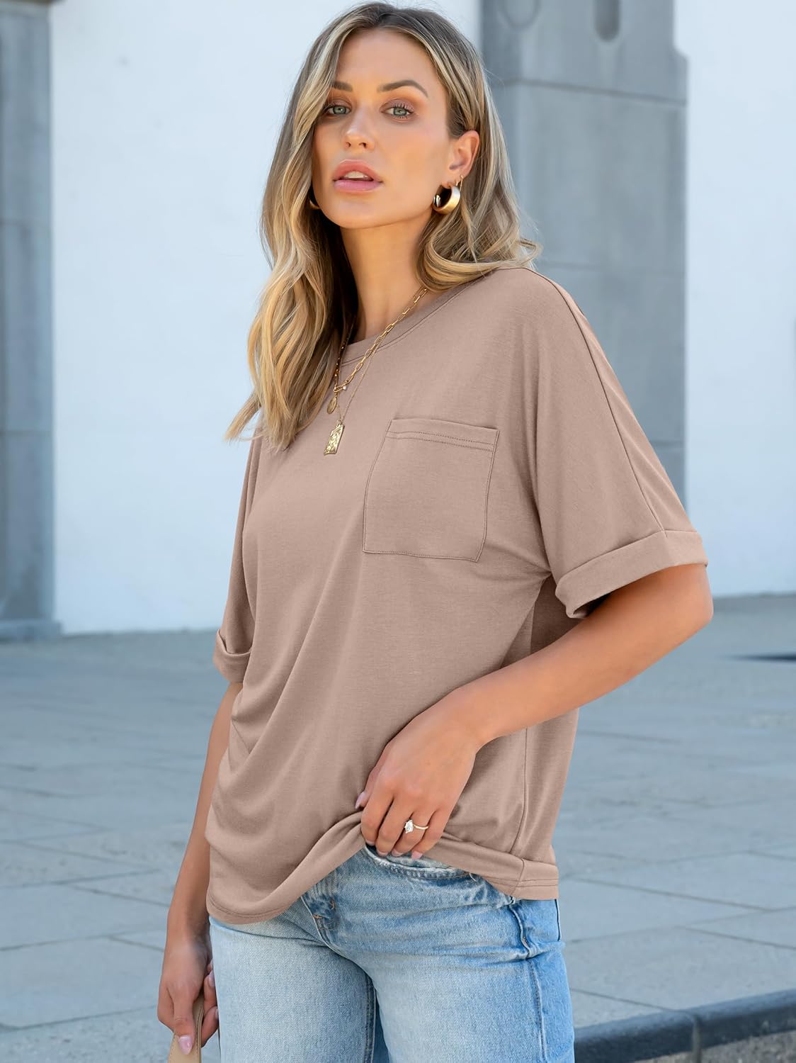 Detalle de ANRABESS Women's Oversized Short-Sleeve T-Shirt with Chest Pocket
