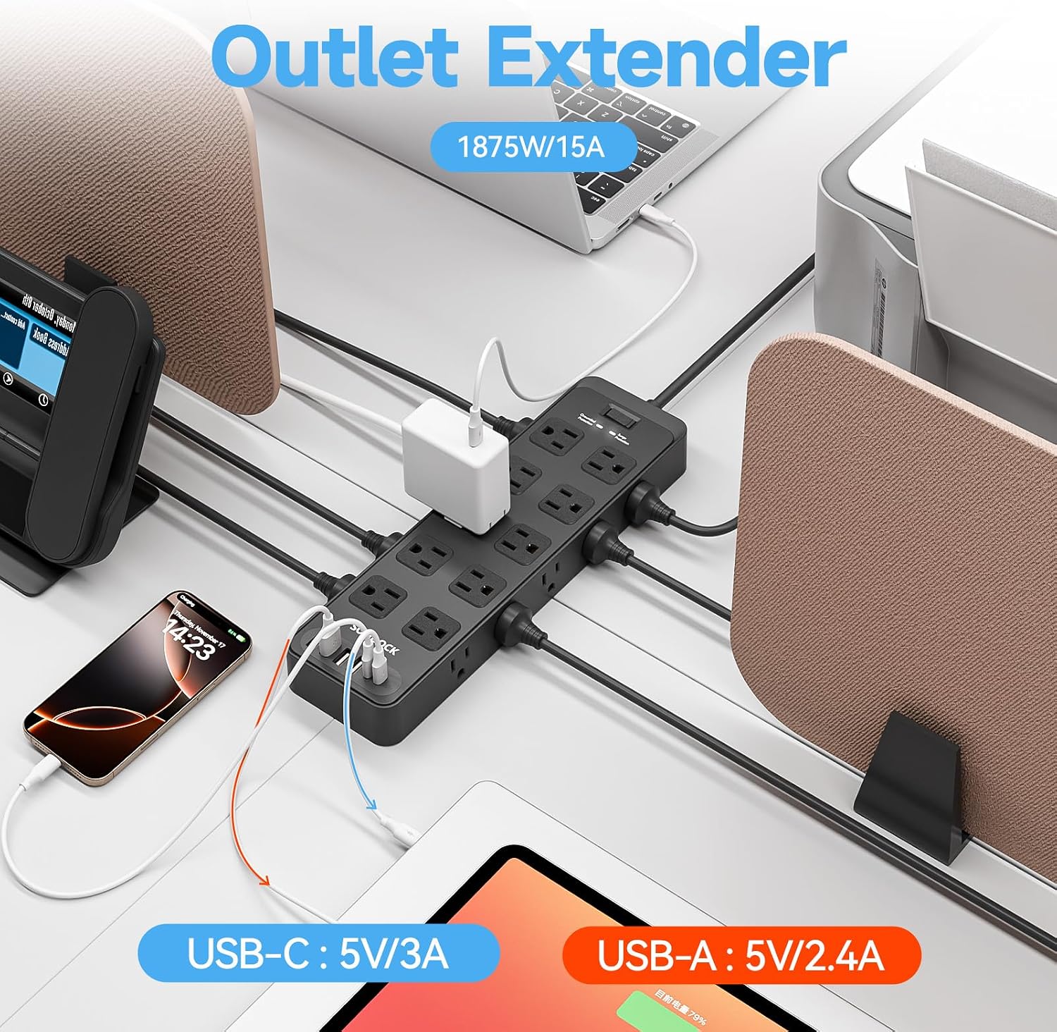 Detalle de Solidock 20-Outlet Power Strip with USB-C (6-ft Extension Cord) and 2700-Joule Surge Protection