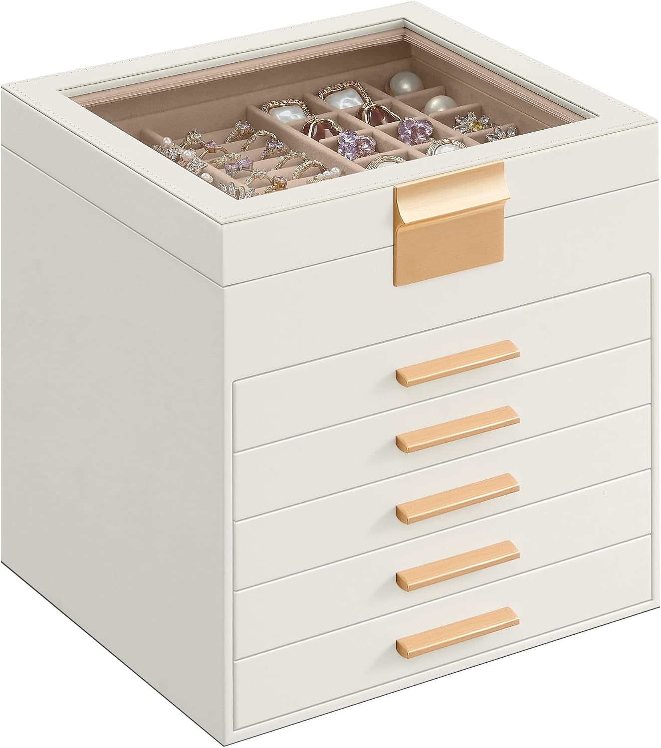 Detalle de SONGMICS Colección GISELLA: Caja de Joyas JBC176W01, 6 Niveles y 45 Compartimentos en Blanco Nube y Dorado