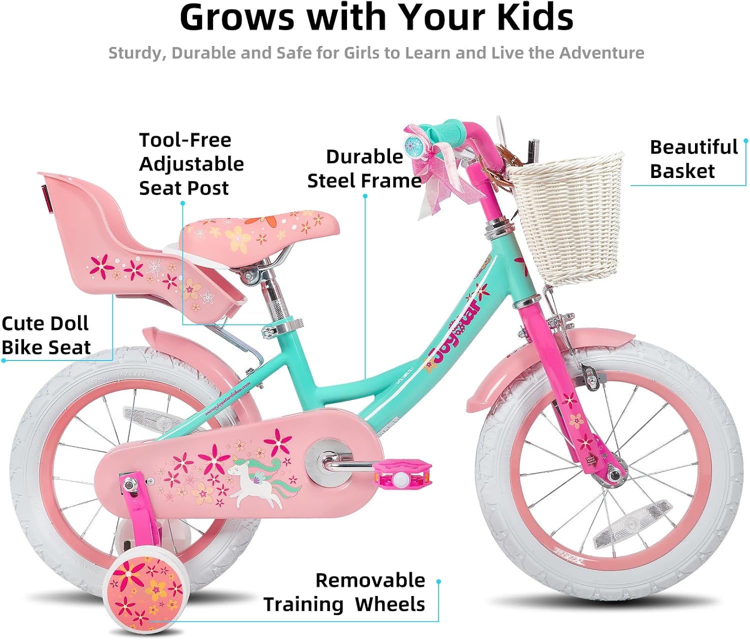 Detalle 2 de JOYSTAR Unicorn Kids Bike for Girls (12–18 inch) with Training Wheels, Doll Seat, and Accessories