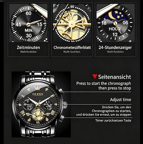 Detalle de OLEVS Armbanduhr Herren – Klassisch Schwarz Edelstahl 42 mm, Multifunktionsuhr, 3 Bar Wasserdicht