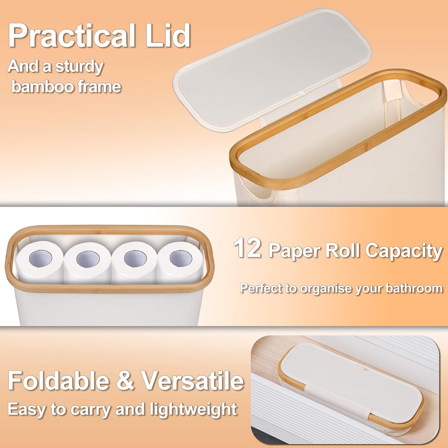 Thumbnail 2 de efluky 28L Toilettenpapier Aufbewahrung Korb mit Deckel – Bambus, schmaler Stellkorb für 9–12 Rollen, Beige