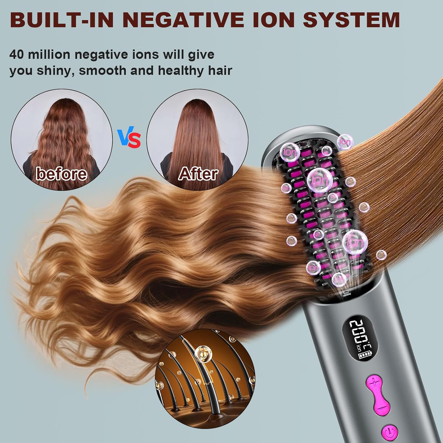 Detalle de Spazzola Lisciante per Capelli 9600mAh, senza fili, 4 livelli di temperatura e design da viaggio