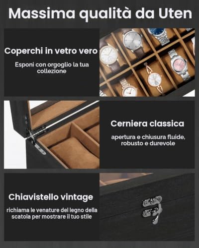 Detalle de Scatola Porta Orologi Uten a 10 Scomparti, 2 Livelli in Legno di Paulownia con Coperchio in Vetro