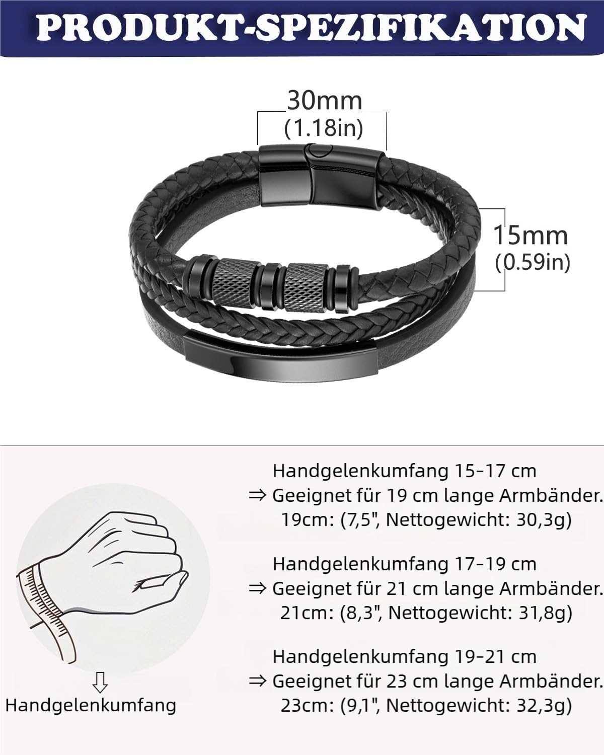 Thumbnail 4 de Armband Herren Lederarmband Edelstahl 21 cm