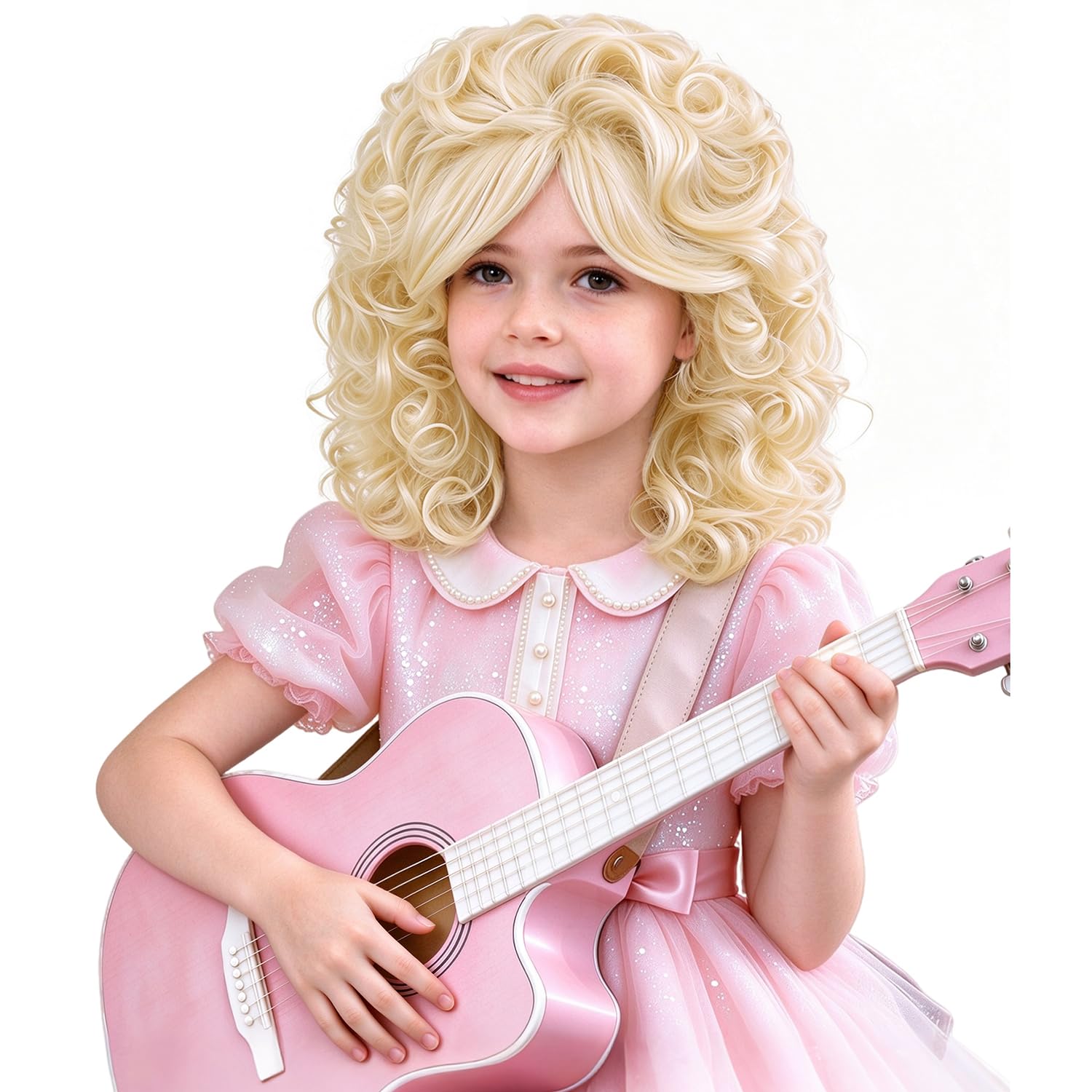 Detalle de PATTNIUM Curly Blonde Wig for Kids with Bangs, Shoulder-Length Synthetic Hair
