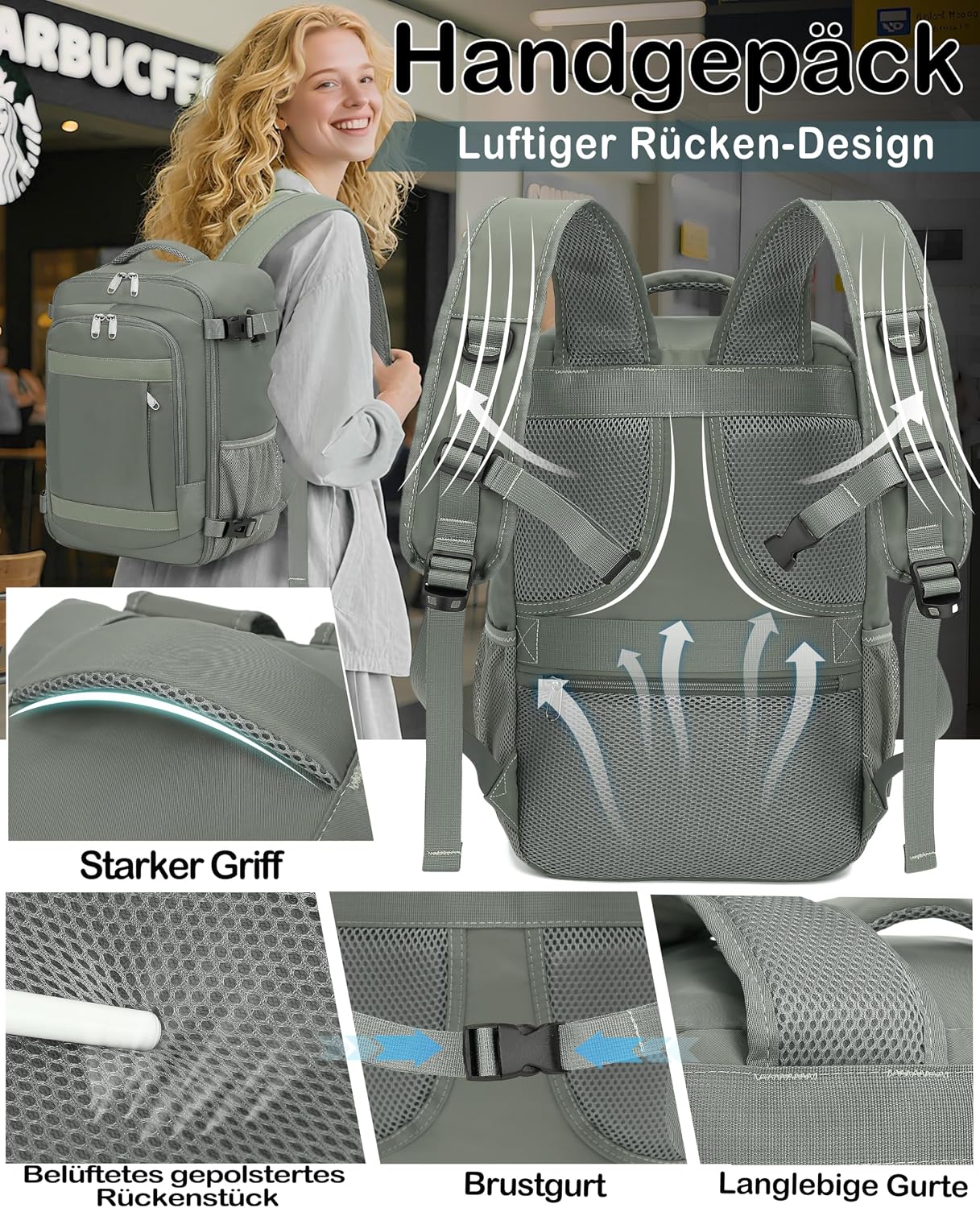 Thumbnail 4 de Handgepäck Rucksack 40x30x20 cm – 24L, Laptopfach, Grün