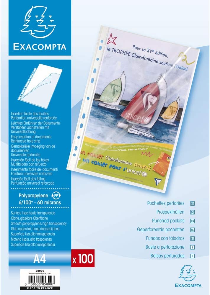 Detalle de Exacompta 5800E – Boîte de 100 pochettes perforées en Polypropylène, A4, 2 ouvertures