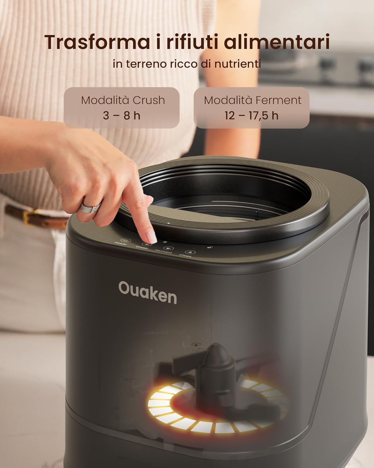 Detalle de Composter Elettrico da Cucina 4L Ouaken: compostaggio domestico silenzioso e senza odori
