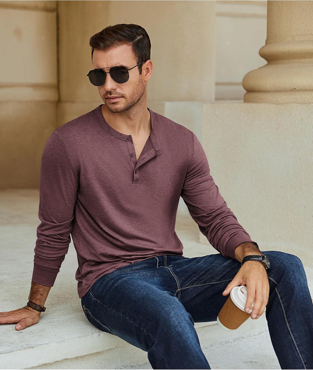 Detalle de COOFANDY Men's Long-Sleeve Henley Shirt